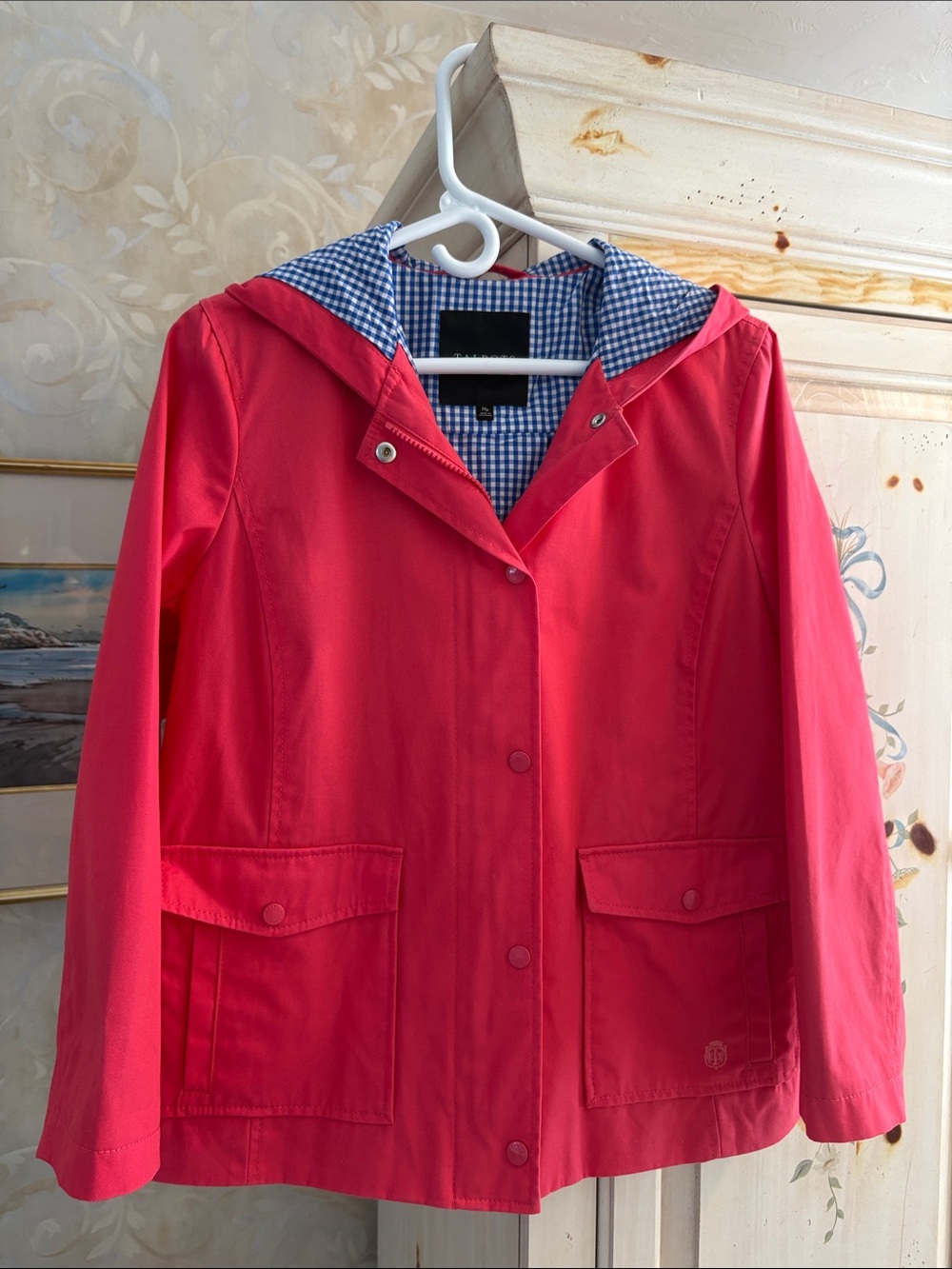 Talbots Rose Colored Hooded Cotton Swing Rain Jacket with Gingham Lining